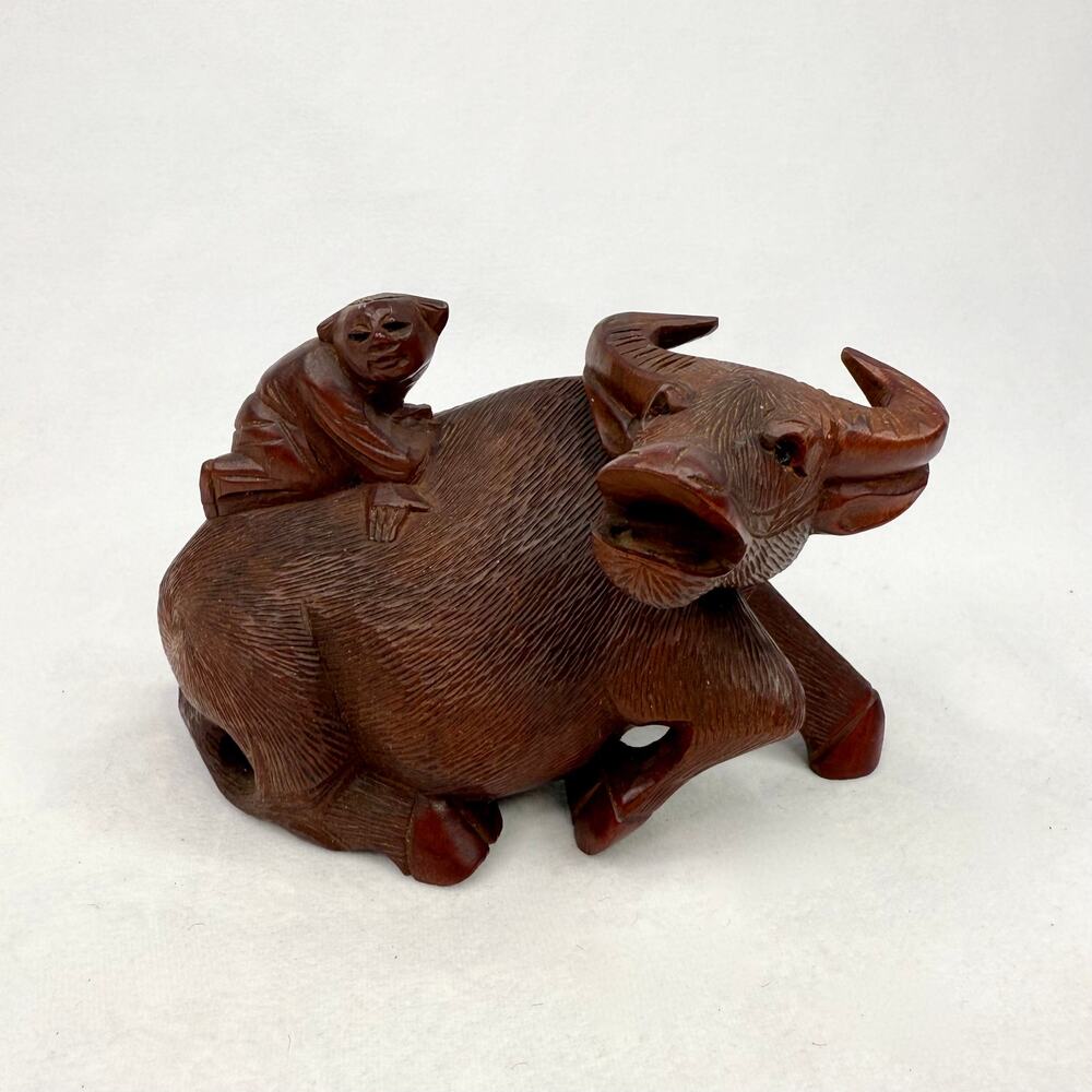 Vintage Carved Wood Ox and Monkey Figurine